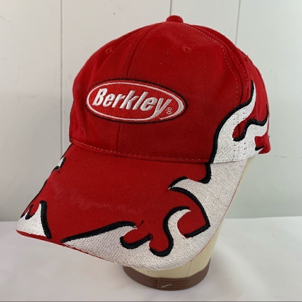 Berkley Fishing Adjustable Snapback Baseball Hat Cap Red White Flames